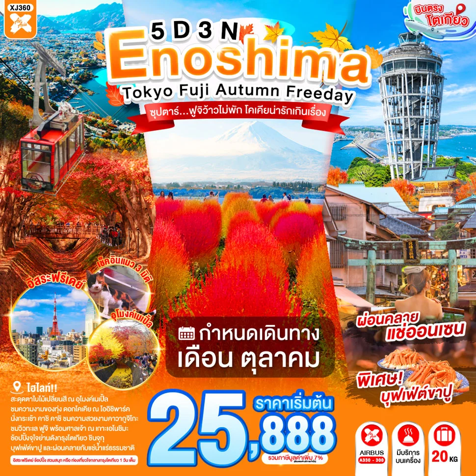 ทัวร์ญี่ปุ่น ENOSHIMA TOKYO FUJI AUTUMN FREEDAY ซุปตาร์...ฟูจิว้าวไม่พัก โคเคียน่ารักเกินเรื่อง 5วัน 3คืน (XJ)